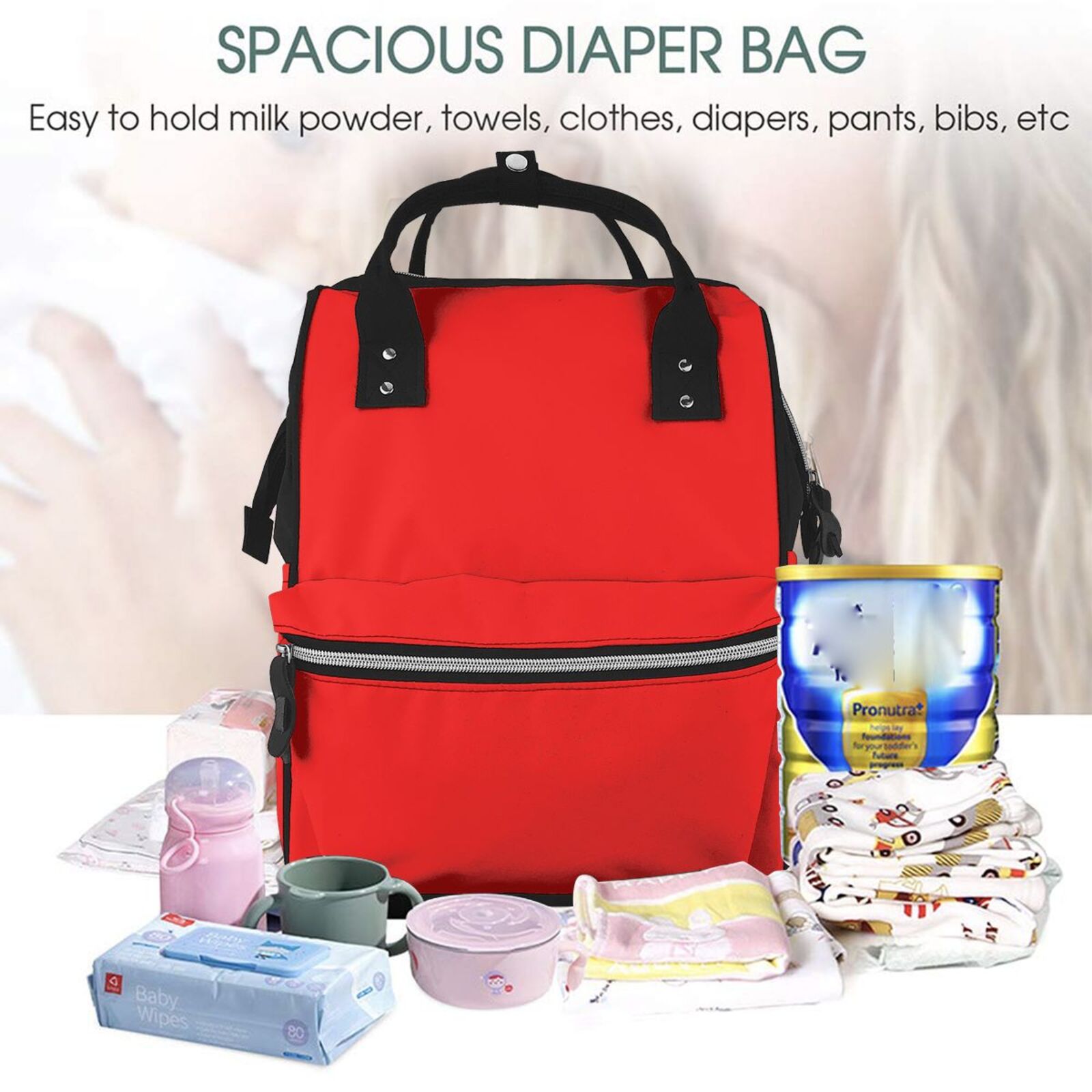 Ratiio Red Mummy Backpack - Waterproof Twill Canvas, Large Capacity Diaper Bag with Multiple Pockets and Adjustable Straps