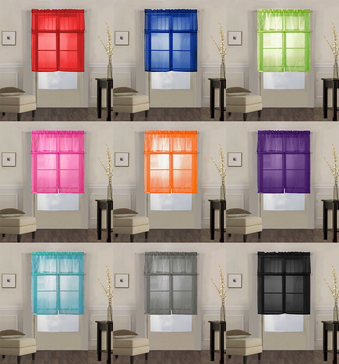 3 Piece Solid Sheer Voile Kitchen Window Curtain Panel Drape Tiers