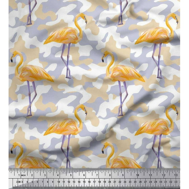 Soimoi Silk Fabric Camouflage Texture & Flamingo Bird Printed Craft Fabric by The Yard 42 Inch Wide