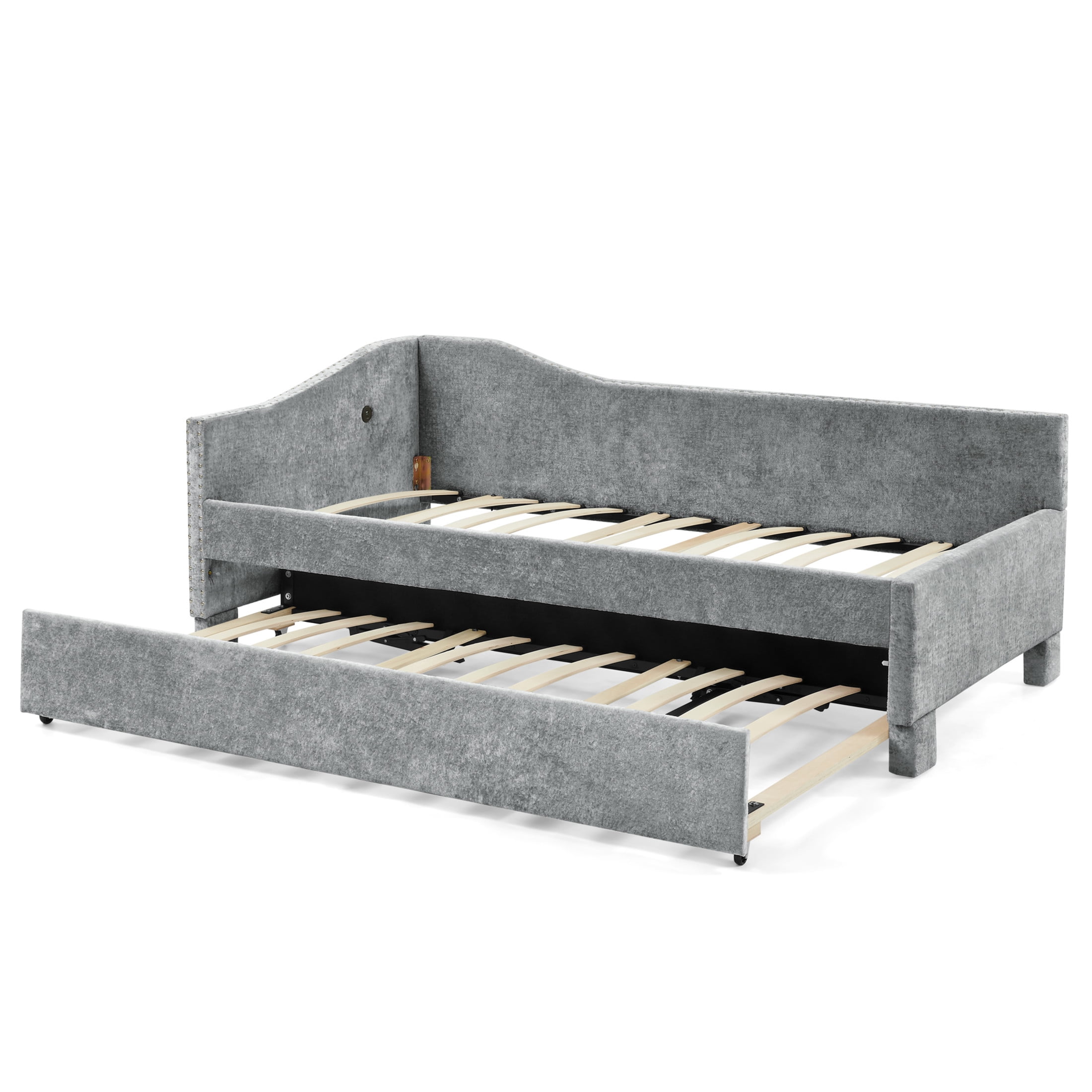 Noble House Phineas Full Size Chenille Padded Daybed, Sofa Bed Frame with Twin Trundle and Charging Port, Grey