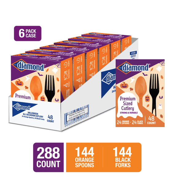 Diamond All Occasion Halloween Disposable Cutlery Set, 288 Count (144 Black Forks & 144 Orange Spoons), 6 Packs of 48