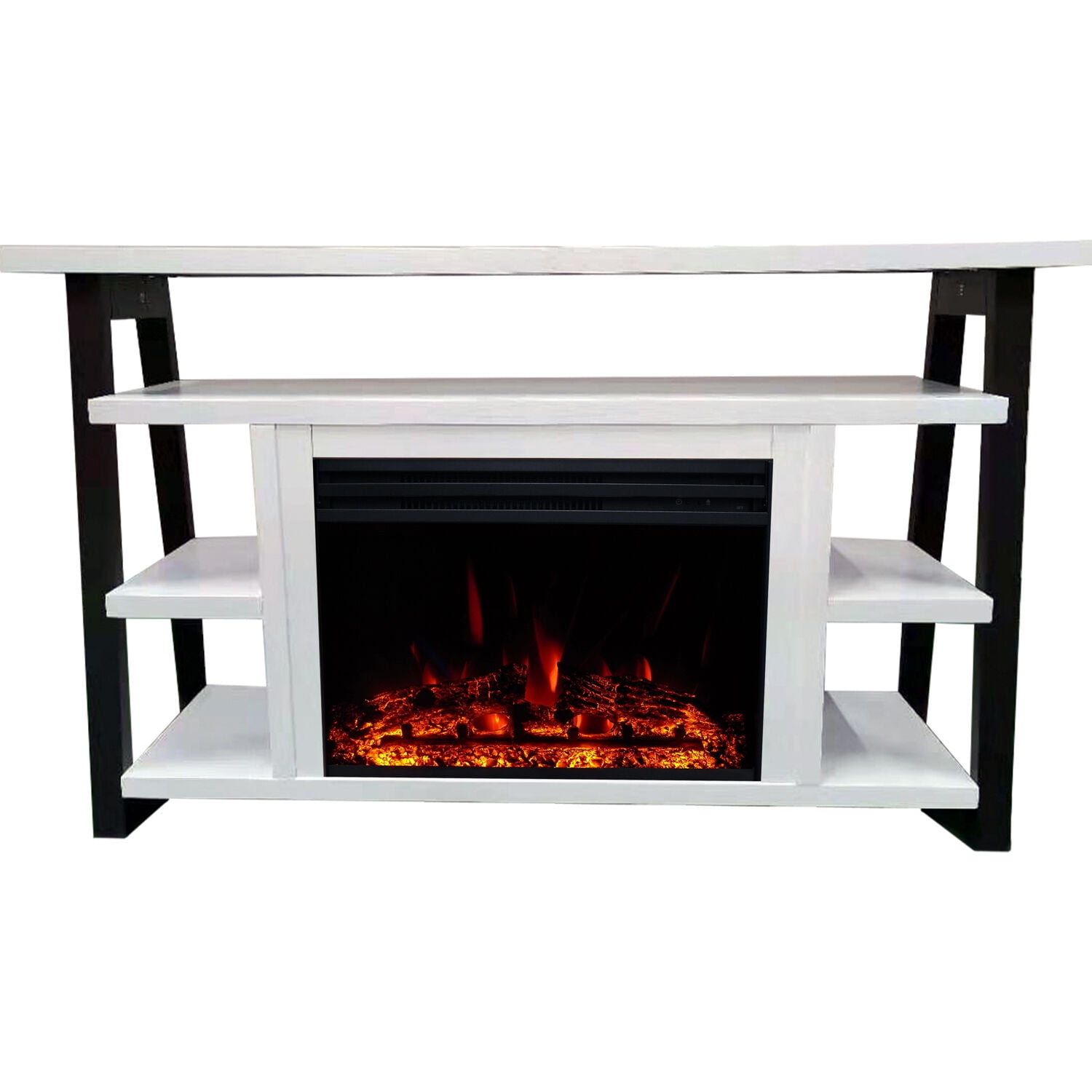 Hanover 32-In. Industrial Chic Electric Fireplace Heater with Deep Log Display and 5 Flame Colors, White/Black