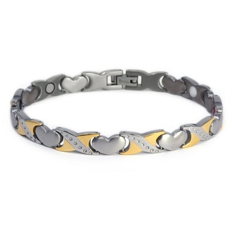 Titanium Womens Bracelets - Novoa Women 's Quad-Element Titanium Two-Tone Silver and Gold Magnetic Bracelet with Satin Accents - 12,800 Gauss B428J