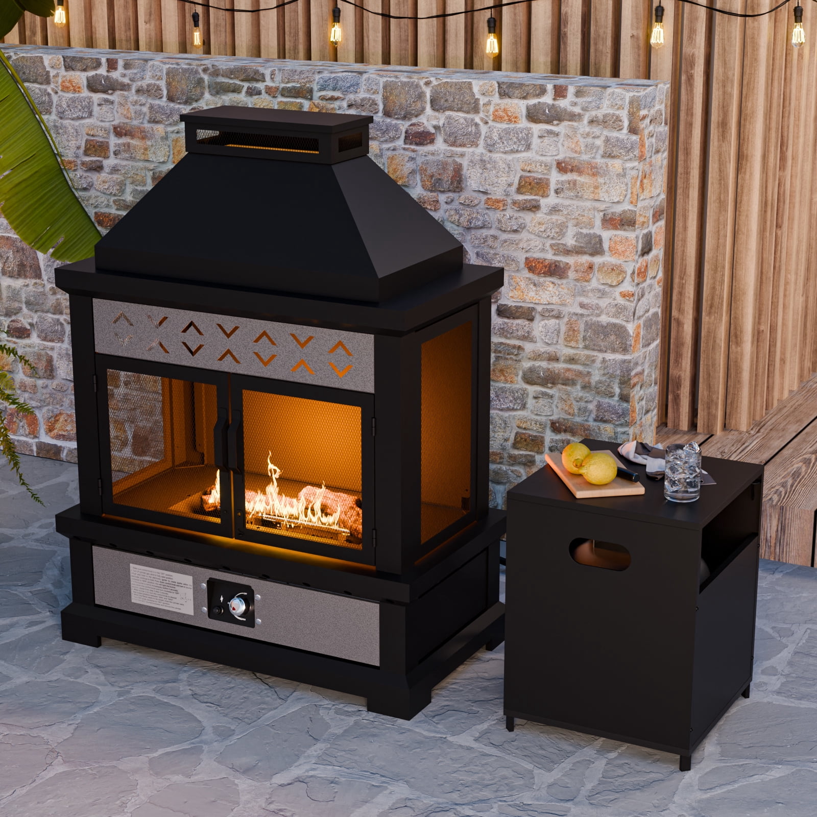 COOS BAY 50000 BTU Outdoor Propane Gas Fireplace with Tank Table, Rectangle Steel Fire Pit, PVC Cover & Ceramic Logs