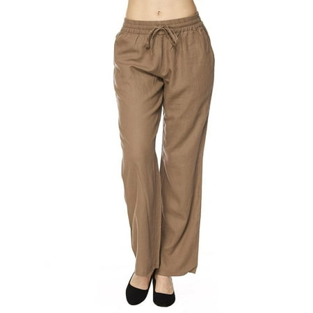 Low Rise Drawstring Pant - Made by Olivia Women's Comfy Drawstring Linen Pants with Pocket (S-3XL) Mocha M