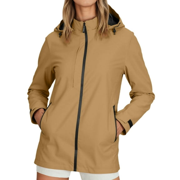 Rain Jacket Women Water_proof Lightweight Packable Raincoat Windbreaker Outdoor Hooded Travel Jacket Outerwear Solid Tops With Pockets (Khaki,2XL)
