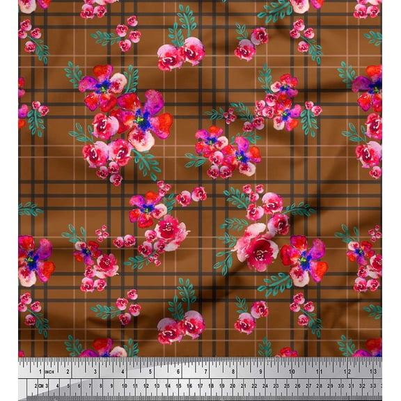 Soimoi Brown Cotton Duck Fabric Check & Floral Print Fabric by the Yard 42 Inch Wide