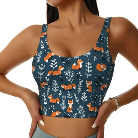 Qokaie cute fall fox Pattern Womens Scoop Neck Sports Bra Breathable Workout Vest Padded U Back Medium Impact Fitness Gym Yoga Bra Workout Crop Top-Large