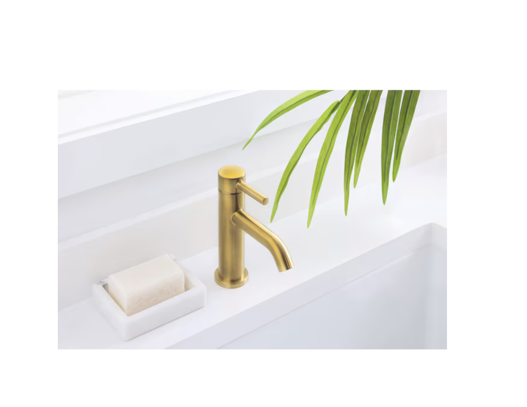 allen + roth Harlow Brushed Gold Single hole 1-handle WaterSense Mid-arc Residential Handle Bathroom Sink Faucet with Drain with Deck Plate