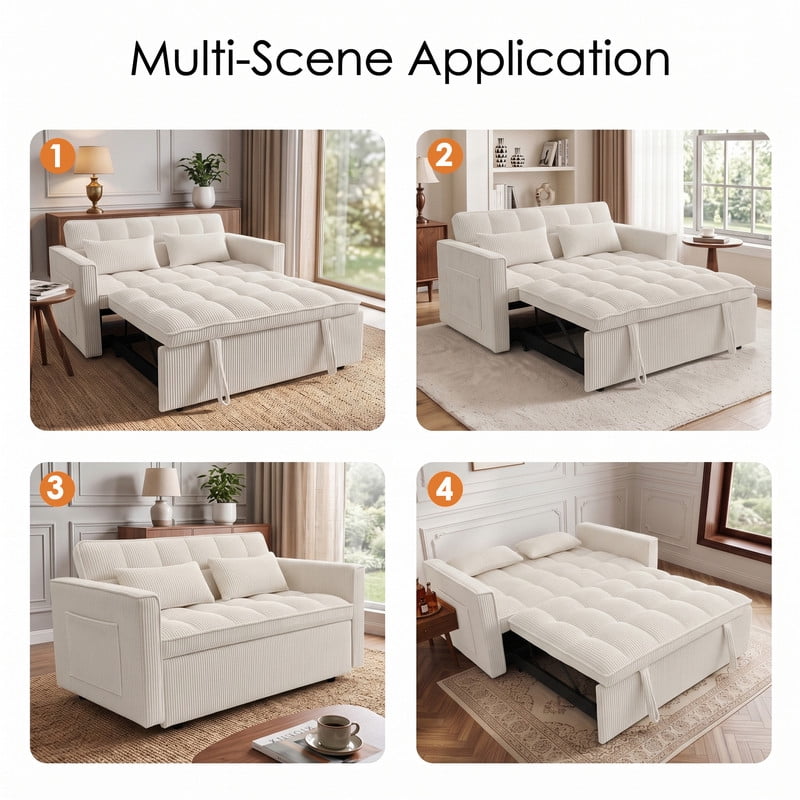 Anpport 54" 3‑in‑1 Convertible Sleeper Sofa Bed, Corduroy Pull‑Out Couch with Adjustable Backrest, Side Pockets & 2 Pillows for Small Spaces, Beige