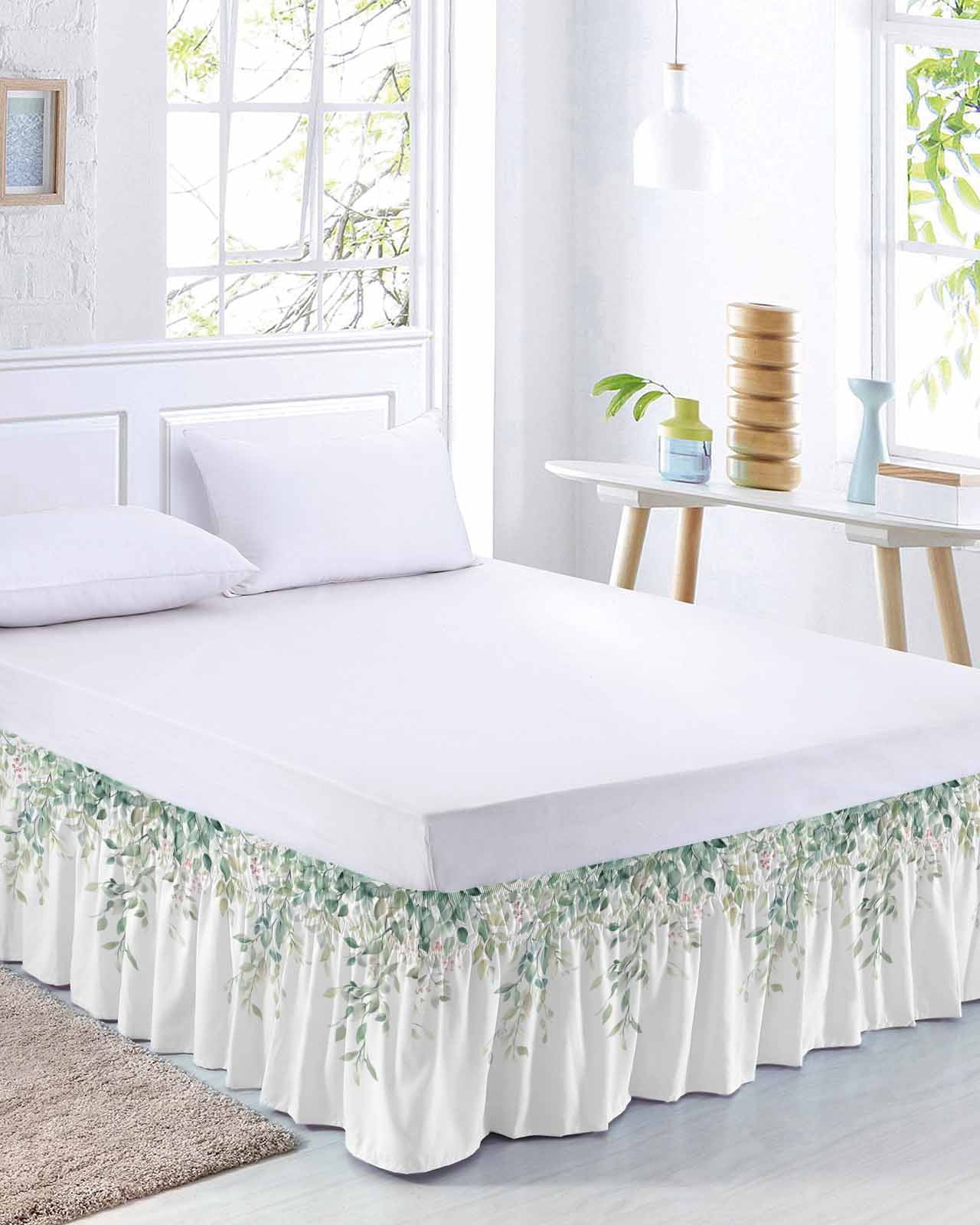 Eucalyptus Leaves Bed Skirt Queen Size, Sage Green Botanical Spring Summer Wrap Around Bed Skirting with Adjustable Elastic Strap, Dust Ruffle Pleated Bedskirts 16 Inch Drop for Bedroom Queen Beds