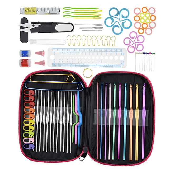 MasteelfCA 100pcs Crochet Hooks Set Colorful Aluminum Crochet Hooks Knitting Needles with Accessories Tools (Rosy Case)
