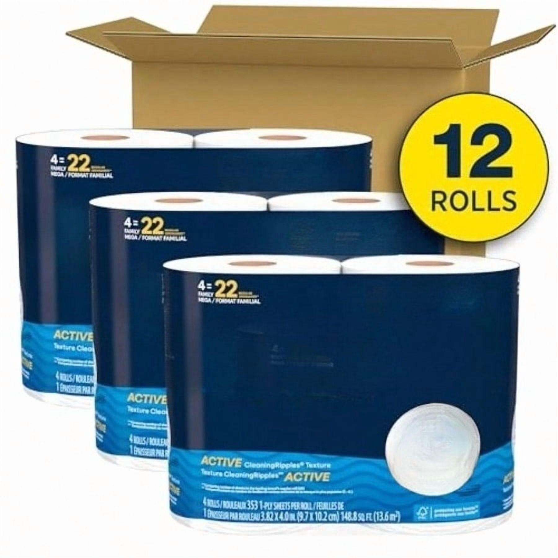 Ultra Clean Toilet Paper with Active Texture, Strong Bath Tissue, 12 Family Mega Rolls = 66 Regular Rolls,packaging may vary