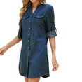 thumbnail image 5 of Sevevn Women's Stand Collar Button Down Denim Shirt Dress Long Sleeve Chest Patch Pocket Side Split Loose Casual Mini Jean Dress Dark Blue S, 5 of 9