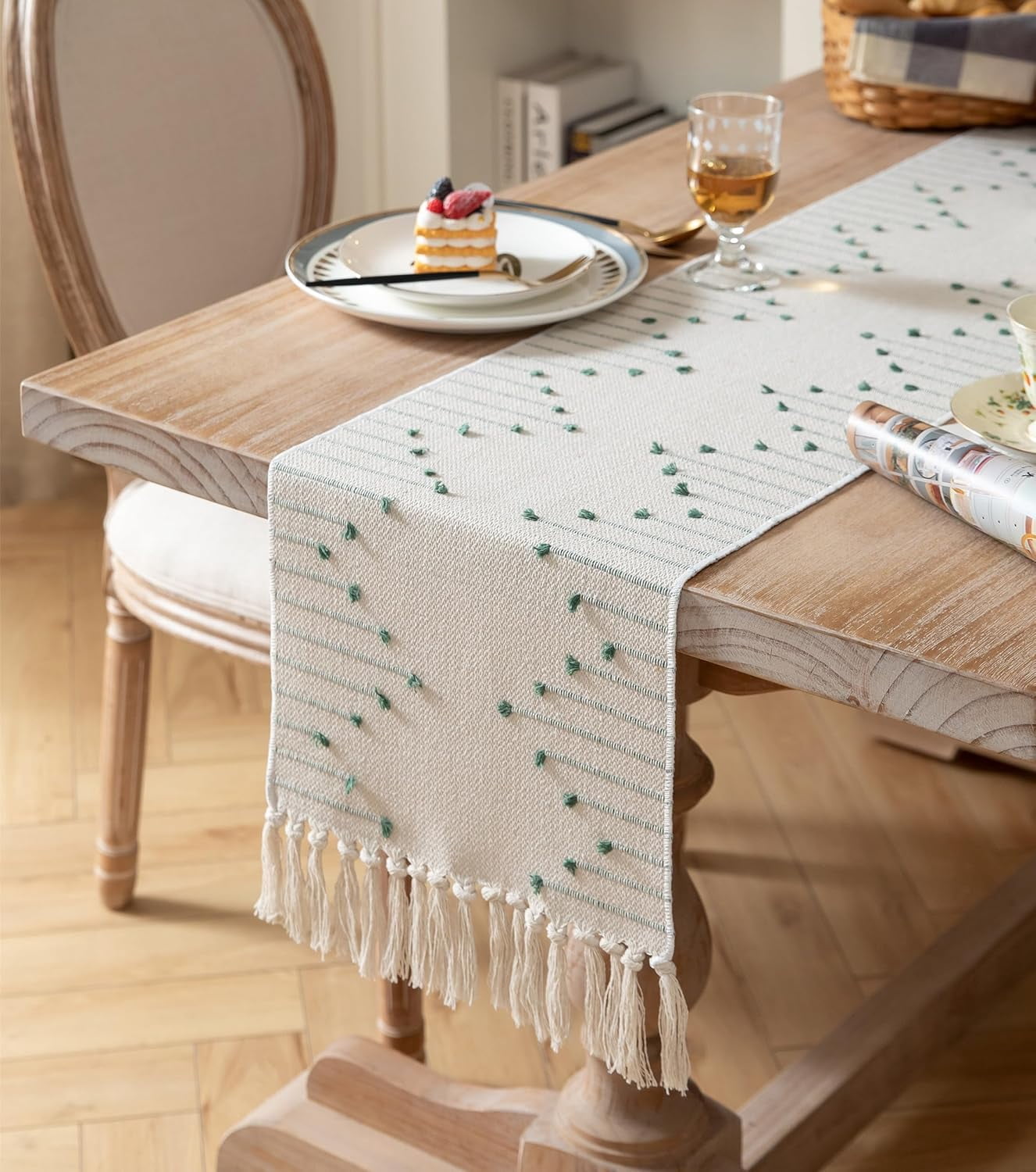 Boho Table Runner 13 x 90 Inch Long Natural Cotton Woven Runner with Tassels for Home Dining Table décor, for Modern Farmhouse Decor Coffee Table Runner, Taupe and Beige
