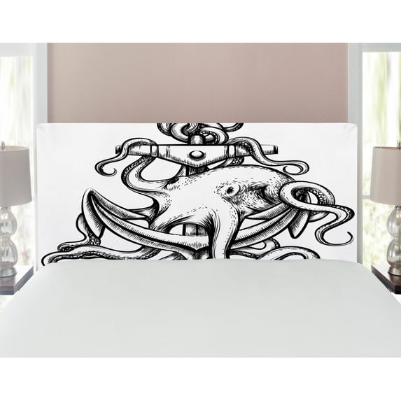 Octopus Headboard, Nautical Theme Anchor and Octopus with Long Tentacles Sketch Style Sea Creature, Upholstered Decorative Metal Bed Headboard with Memory Foam, Full Size, Black White, by Ambesonne