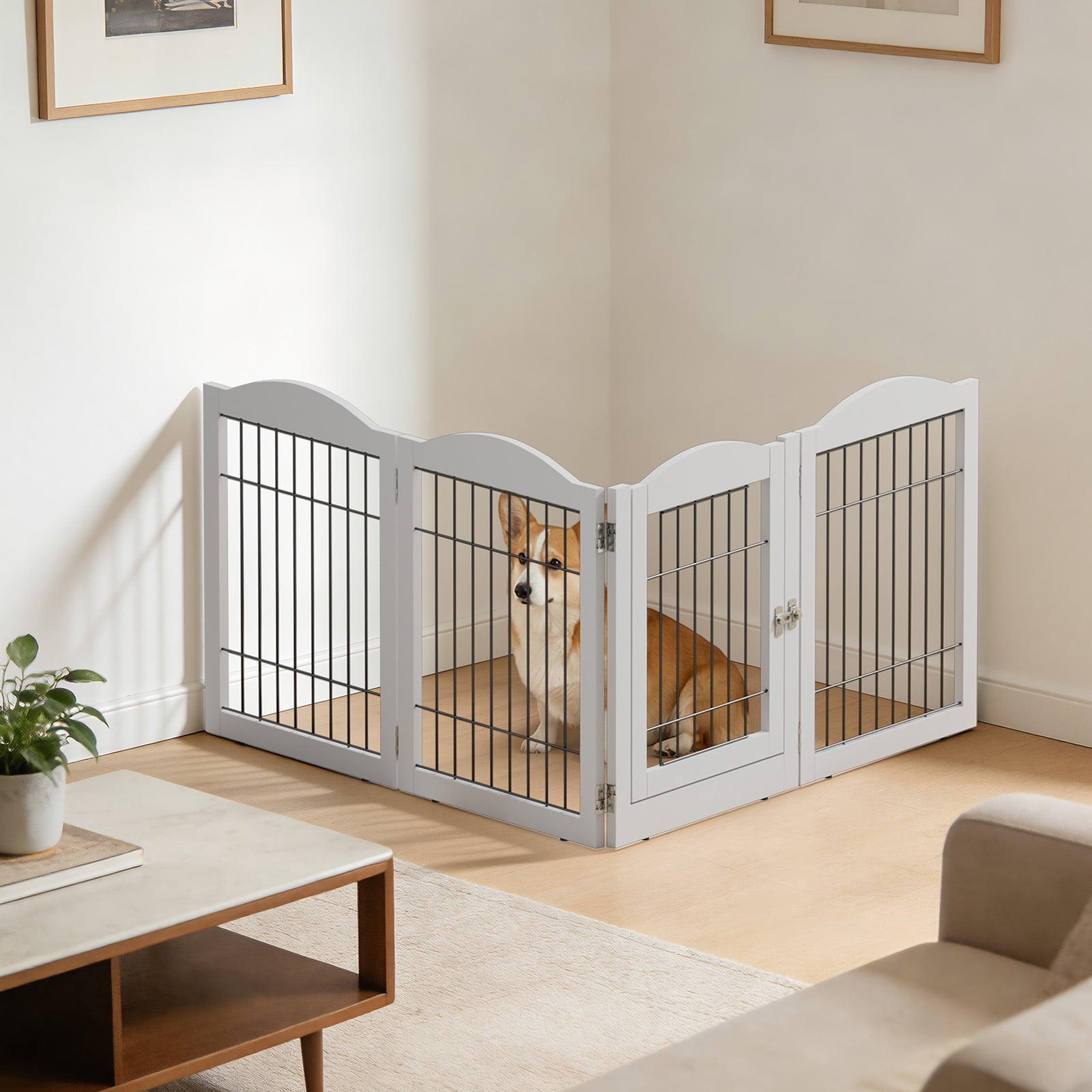 UBesGoo 4-Panel Adjustable Dog Gate, Freestanding No-Drill Safety Fence for Baby & Pet, White