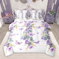 Manfei Rustic Flower Floral 7pcs Bedding Comforter Set,Vintage Butterflies Queen Bedding Sets,Gold White Purple Queen Sheet Sets For Girls,Ultra Soft Home Decor Reversible