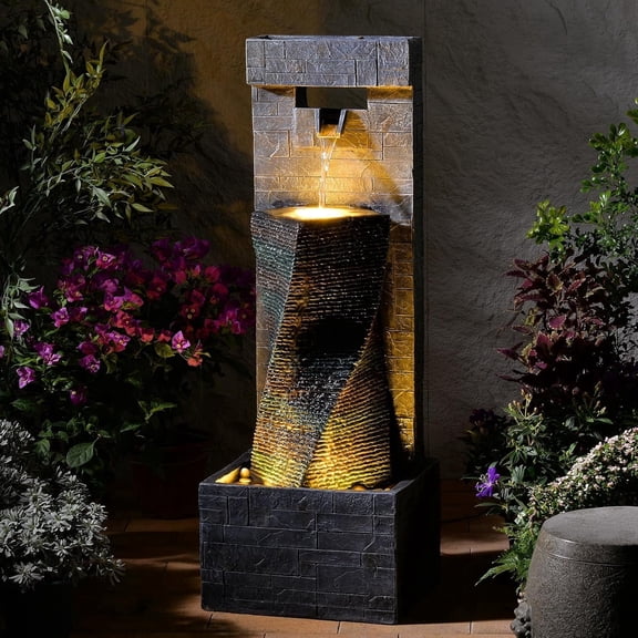 39.8’’ Tall Modern Spiral Waterfall Fountain Outdoor/Indoor Water Fountain Resin Stone-Like Water Feature with LED Lights for Outside, Garden, Patio, Porch, Deck, Backyard, Home Decor