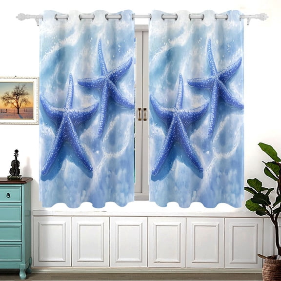Blue Starfishes on Ocean Floor Window Curtains Drapes with Grommets Light Filtering 2 Panels 54" x 55"