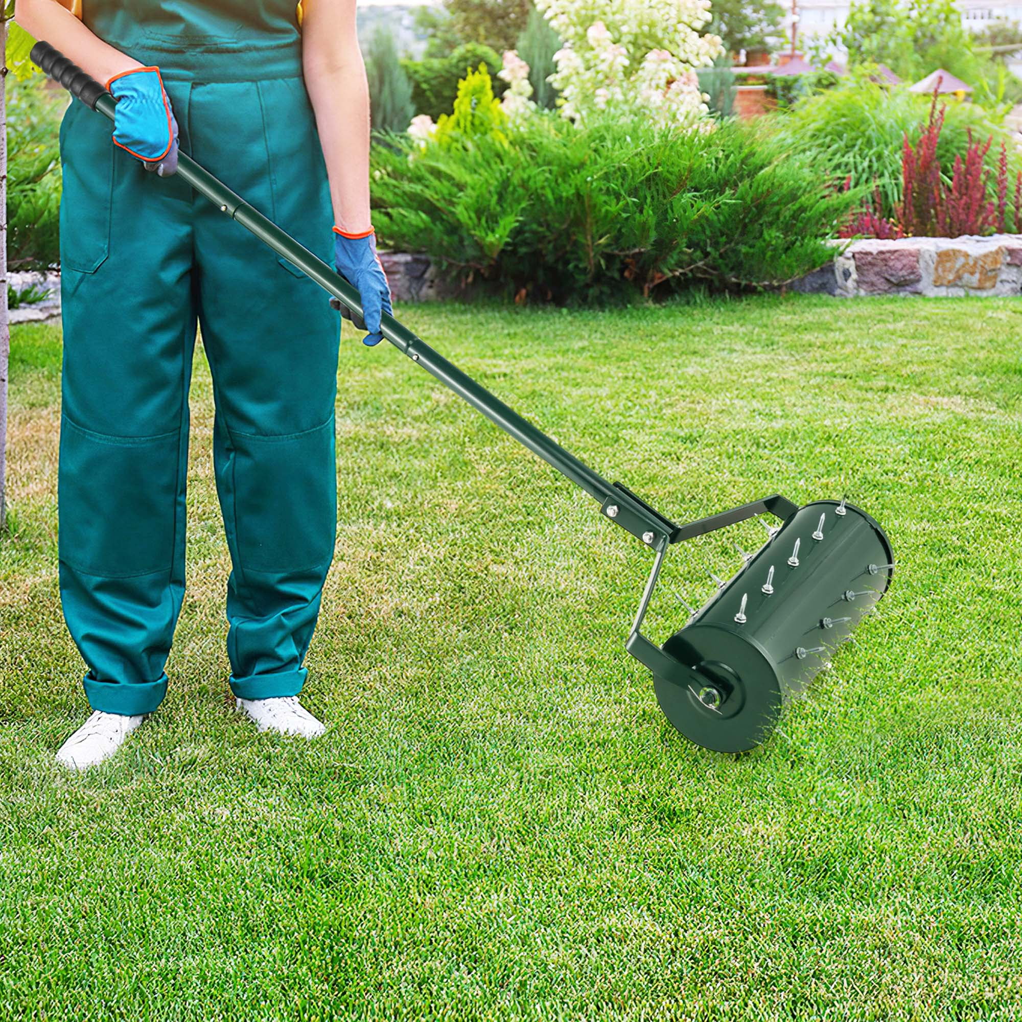 Costway 18" Manual Lawn Aerator Heavy Duty Rolling Push Grass Filled with Sand or Stone Aeration Tool with Handle Green