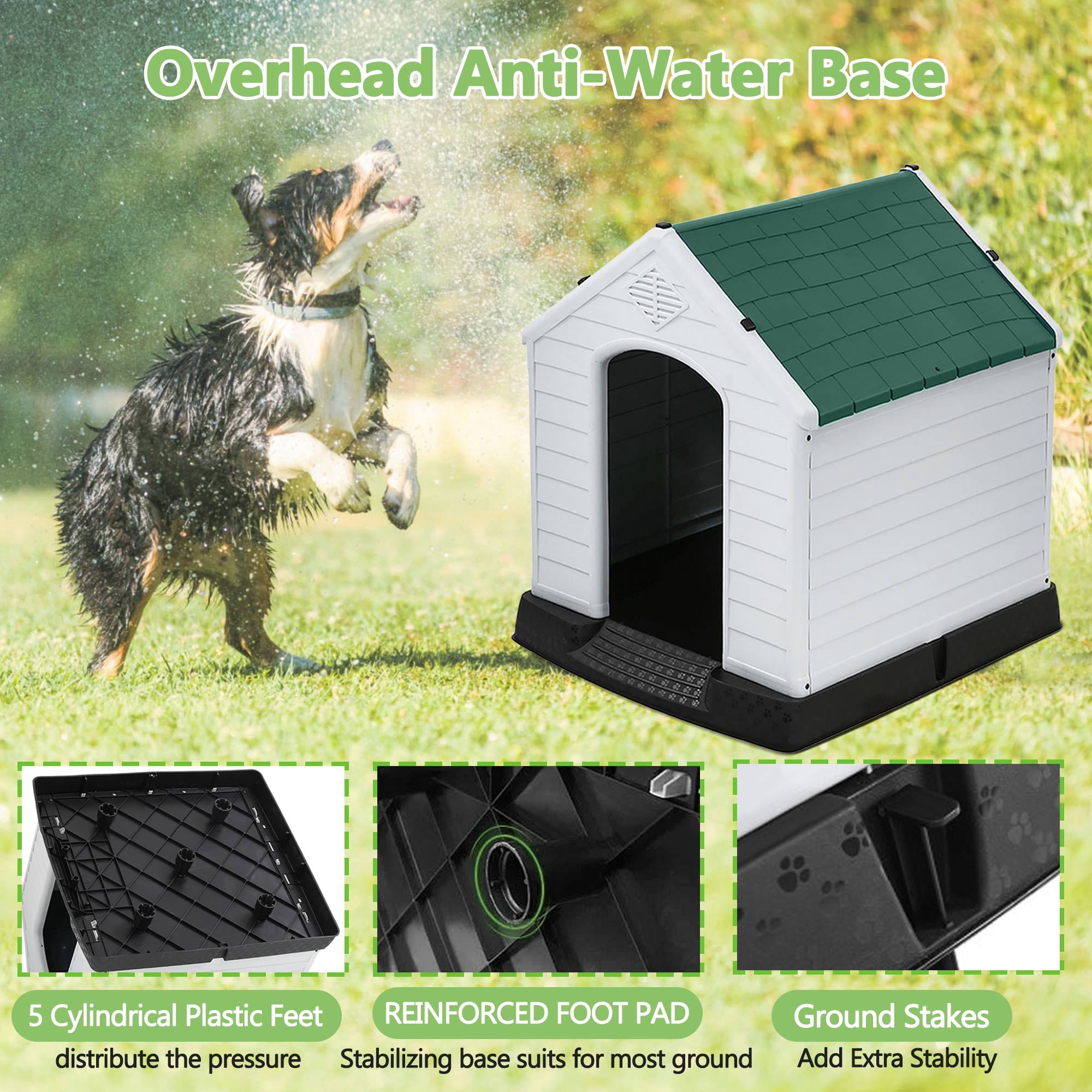 CL.HPAHKL Durable Plastic Dog House Outdoor Indoor, Waterproof Pet House for Small Medium Dogs, Insulated Puppy Shelter Doghouse with Elevated Floor and Air Vents(Green, 34 inch)