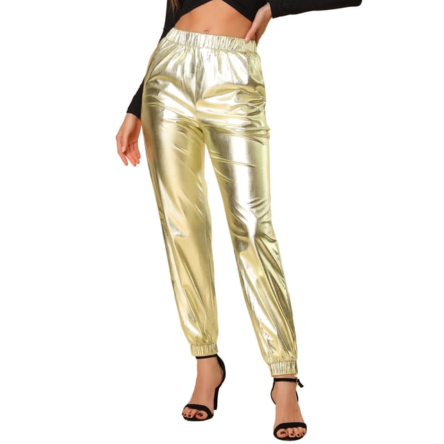 Pantalones metálicos para mujer, brillantes, brillantes, con cintura elástica, pantalones de chándal holográficos, ropa de calle Punk Hip HopOro S