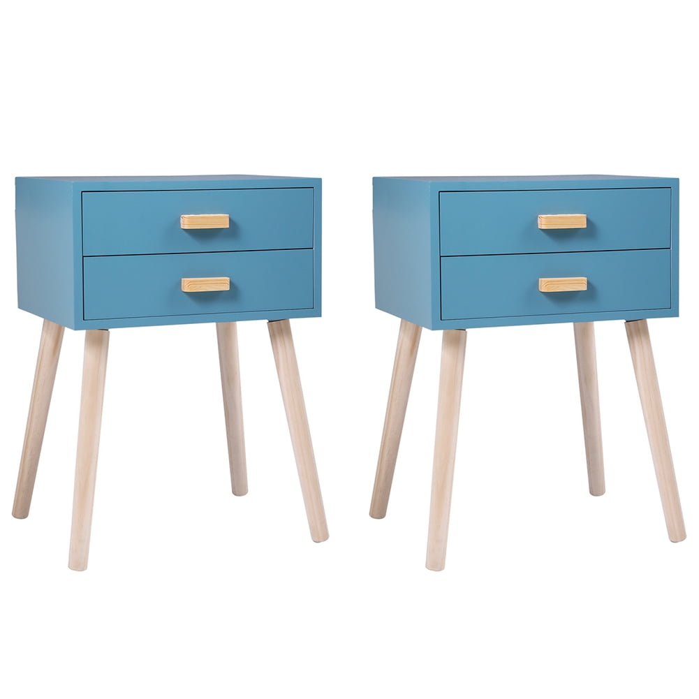 Kadyn Mid-Century Side Table, 2-Drawer Nightstand, Accent or End Table with Storage, Wood, Blue-2PCS