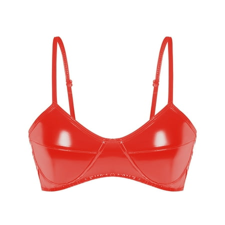 UKLSQMA Ladies  Solid Color PVC Patent Leather Sexy Bras Hot Lingerie for Women Fetish Bras Red 2XL