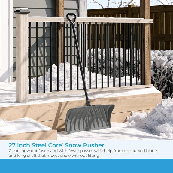 27 Inch Steel Core Snow Pusher with Curved Blade D-Grip Handle Heavy Duty Resin Shovel for Driveway Clearing
