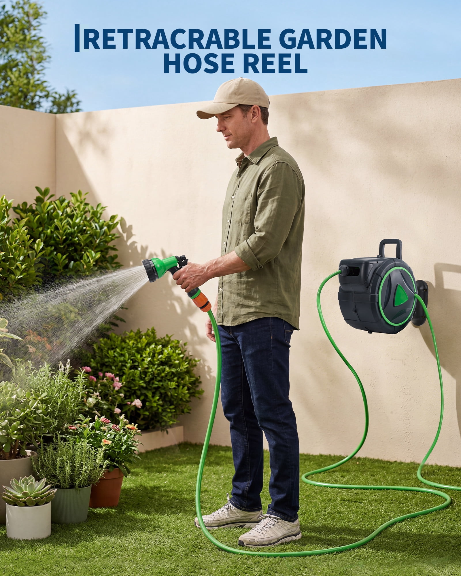 Retractable Garden Hose Reel - 1/2 in x 65 ft Automatic Wall Mount Heavy Duty Automatic Water Hose Reel, Kink-Resistant Hose, 180° Swivel Bracket, Auto-Lock for Lawn and Car Washing