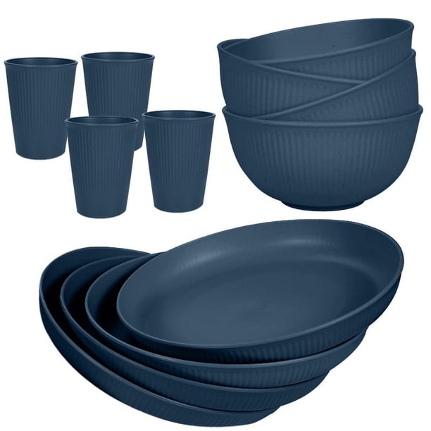 XmhyTop-A Juego de 12 platos llanos, Vajilla para comidas familiares, vajilla de cocina de paja de trigo, para 4 personas, color azul oscuro