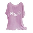thumbnail image 3 of QATAINLAV Hauts d'Été pour Femmes Décontractés en Coton Lin Manches Courtes T-Shirts Coupe Ample Col Rond Blouses Mode 2025 Imprimé Papillon Tees Soldes Éclair Rose P, 3 of 8