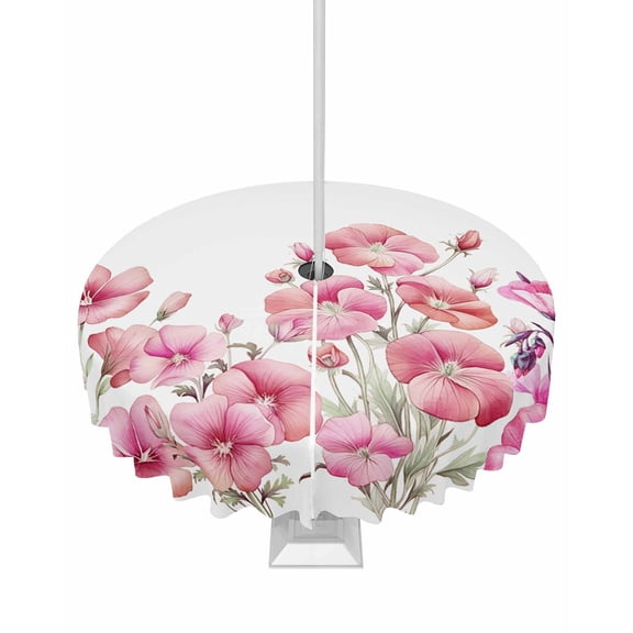 Boanket Outdoor Tablecloth with Umbrella Hole for Patio/Picnic/Party/Camping, Pink Spring Floral Waterproof Table Cloth Round Cover Washable, Summer Botanical Watercolor Flower Dia 54"