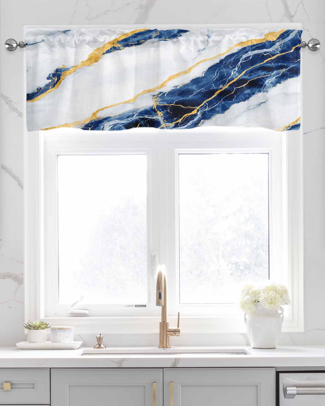 Marble Blue Kitchen Valances for Windows Farmhouse Linen Window Valance Curtain for Living Room Window Treatment Gold Foil Ceramic Style Cracks Scratches Valance Rod Pocket Topper Drape, 60 x 18 Inch