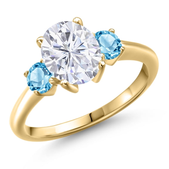 Gem Stone King 10K Yellow Gold White Moissanite and Swiss Blue Topaz Engagement Ring for Women | 2.81 Cttw | Oval 9X7MM | Gemstone Birthstone | Size 9
