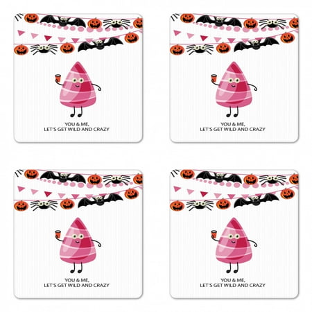 

Halloween Coaster Set of 4 Funny Candy on Stripes with Hanging Pumpkin Spider Flag Ornaments Square Hardboard Gloss Coasters Standard Size Pink Vermilion Dark Grey by Ambesonne