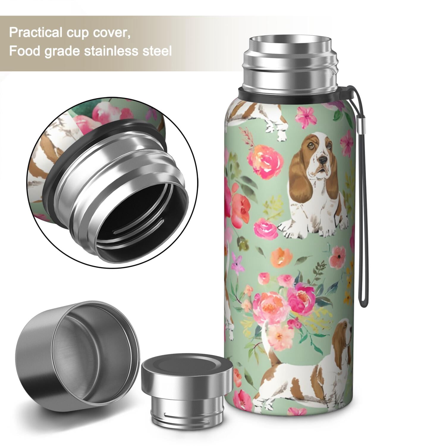 20 Oz Basset Hound and Flowers Coffee Tumbler Double Wall Insulated Stainless Steel Water Bottle | Metal Reusable Thermoses Flask with Cup Cap | Leak & Sweat Proof with Anti-Dust Lid