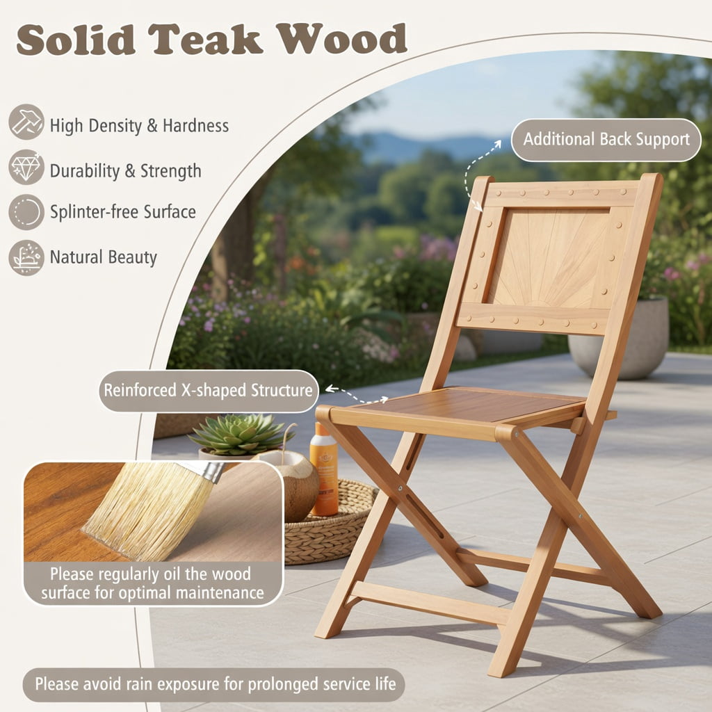 Hommoo 2-Pack Teak Wood Outdoor Dining Chairs, Foldable Slatted Seat, Ergonomic 105° Backrest, No Assembly Required for Patio, Porch & Garden, Natural
