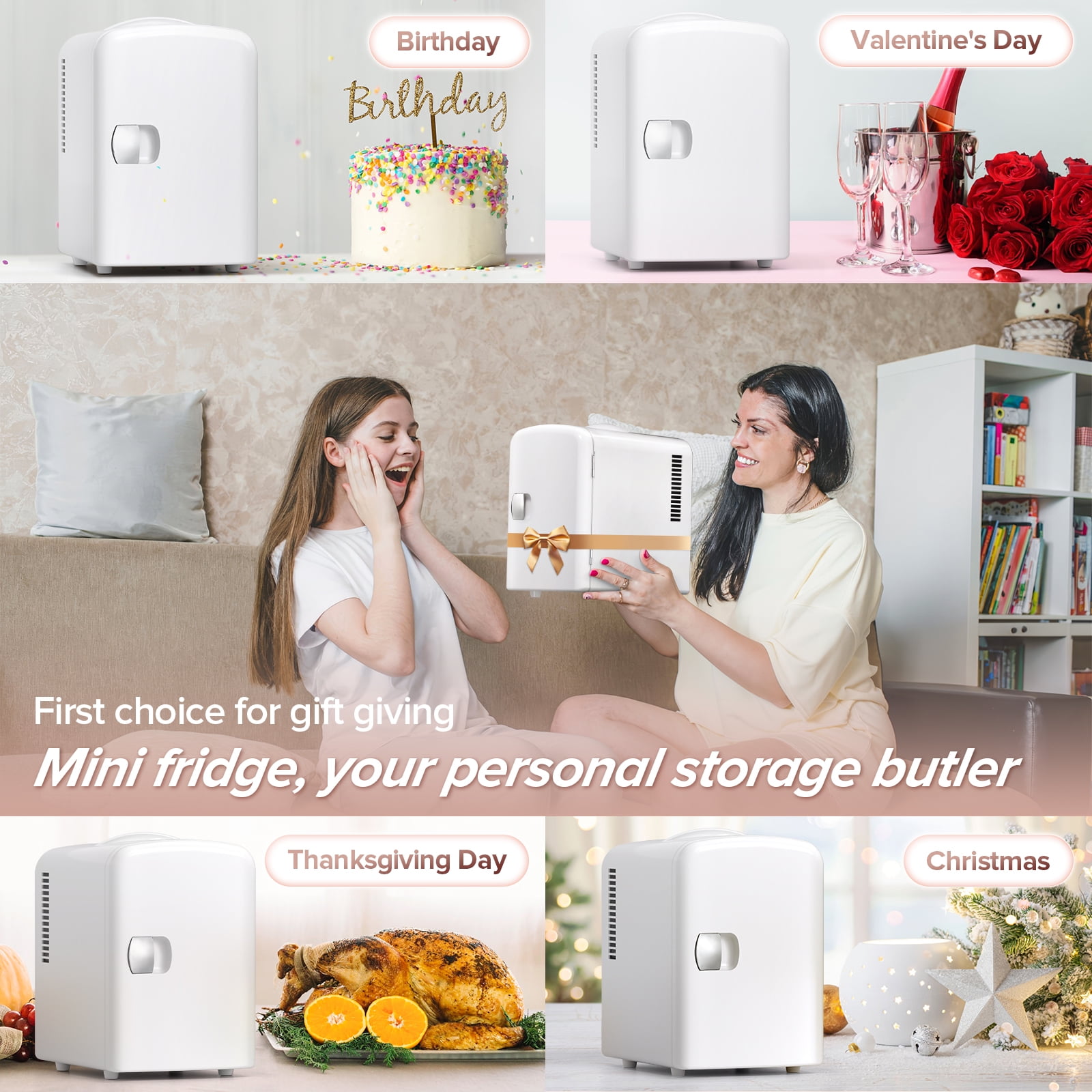 Auseo Mini Portable Fridge Personal, Countertop, 4L/6 Cans, Cooler Small Refrigerator, AC/DC, Option for Skincare, Makeup, Drinks, Dorm Room, White