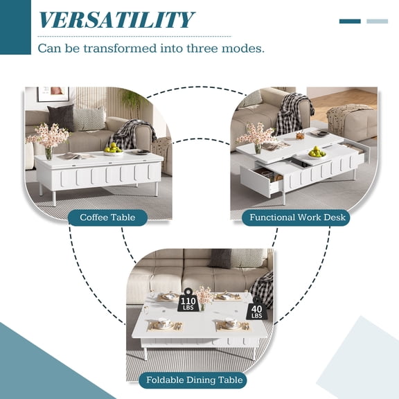 Coffee Tables U-Can Lift-Top Coffee Table with 2 Drawers, Modern Space Saving Center Table with Foldable Top, Multi-Functional Adjustable Coffee Table with Hidden Storage Compartment for Living Room,