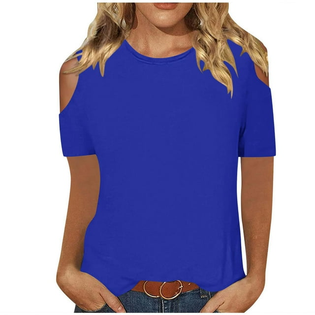 Timegard T-Shirts à Manches Courtes pour Femmes, Épaule Dénudée, Col Ras du Cou, Tunique Décontractée Confortable, T-Shirt Basique Mignon