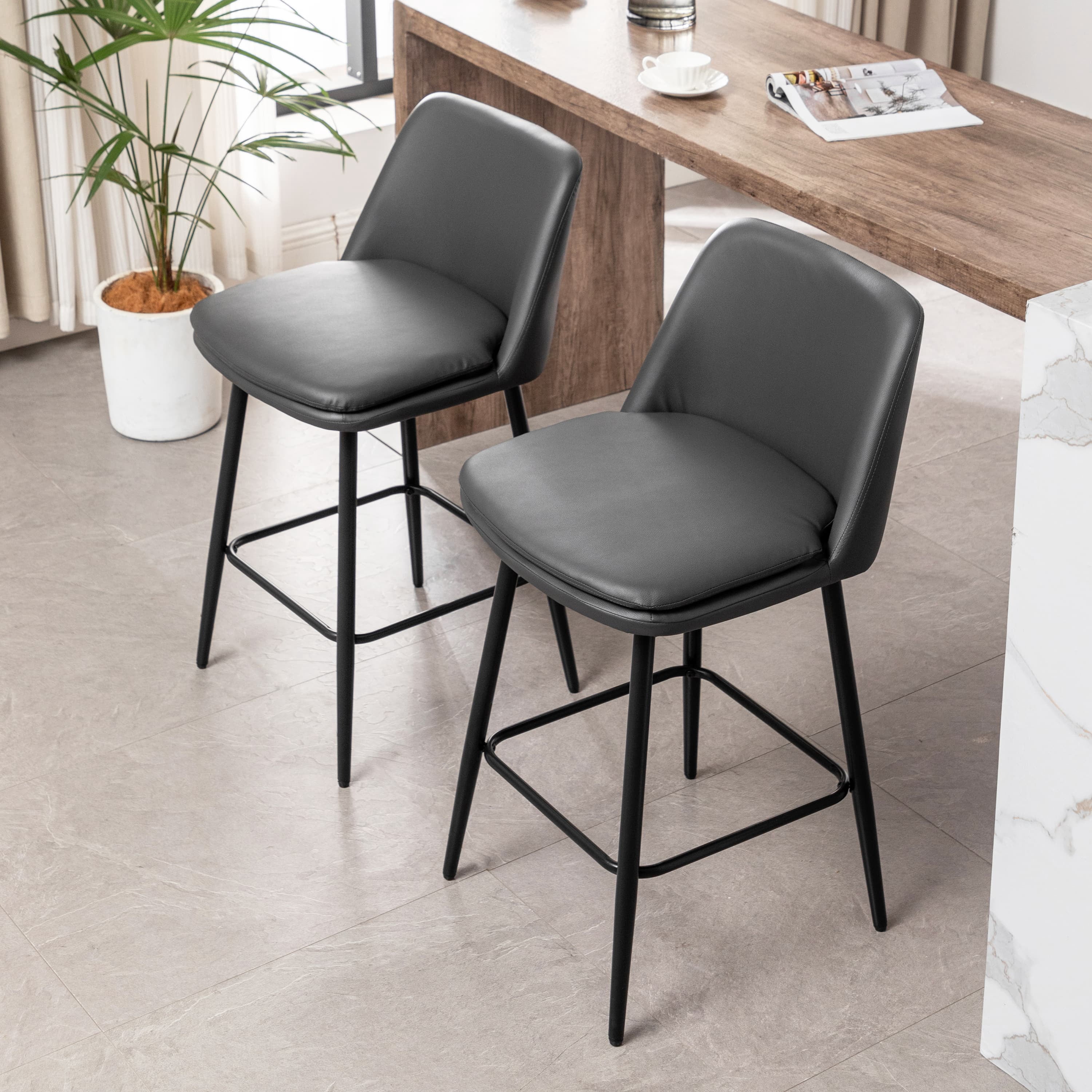 MAYEERTY Counter Height Swivel Bar Stools Set of 2 360° Swivel Upholstered 25.6 Seat Height Faux Leather Gray Kitchen Island Pub