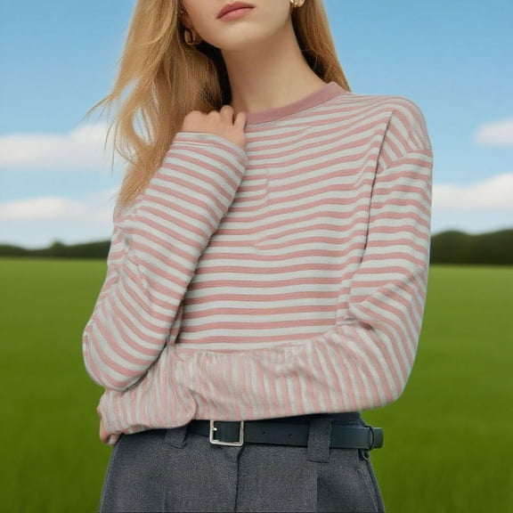 UQJfacai Women Oversized Striped Long Sleeve Shirt Crewneck Crop Tops Drop Shoulder Y2K Preppy Sweatshirt Fall Clothes Winter Outfits