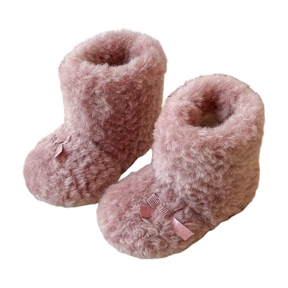 Owordtank Fuzzy Snow Boots for Kids Round Toe Flat Faux Fur Ankle Boots Pull On Warm Winter Booties