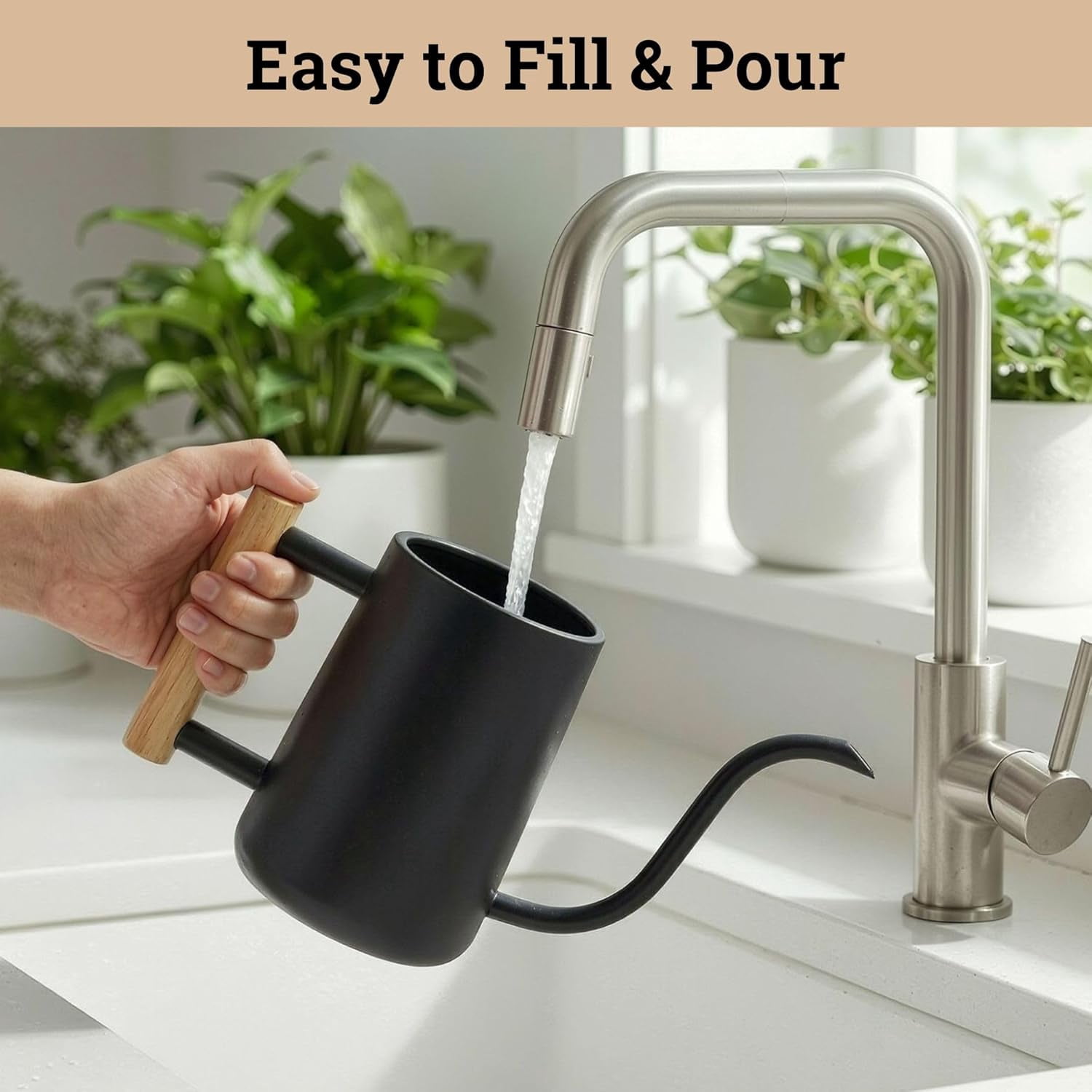 35 Ounce Metal Small Indoor Watering Can with Long Spout & Real Wood Handle for House Plants, Succulents, Cacti Seedlings - Black Plants Gentle Flow No Spills