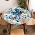 thumbnail image 5 of Watercolor Blue Octopus Coral Elastic Fitted Round Table Cover Fish Wood Grain Waterproof Outdoor Tablecloth for Holiday Party, Picnic, Patio & Dining Fits Tables Up to 36"-44", 5 of 8