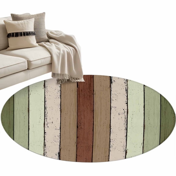 Sage Green Round Rug 3ft Area Rug Washable Soft Non-Slip 3' Circle Low Pile Rugs Farmhouse Wood Grain Vintage Brown Striped Carpet for Bedroom Living Room Entryway Home Office Dining Room