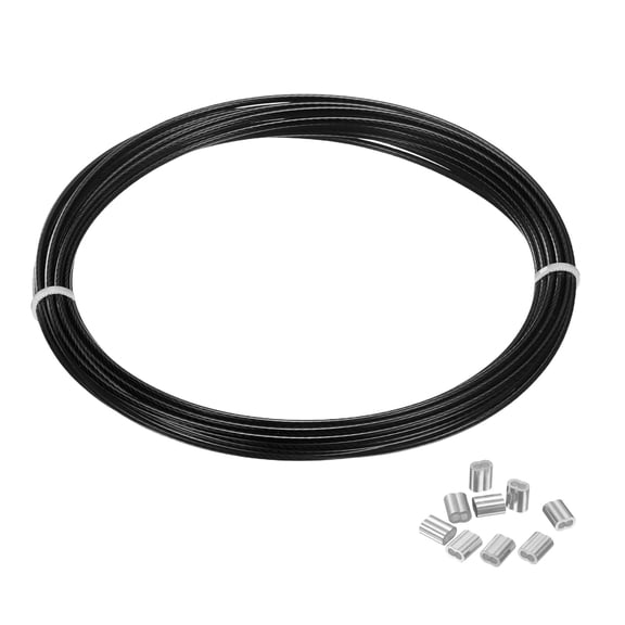 Uxcell 1/16" Wire Rope Vinyl Coated 16ft Steel Wire Cable with Crimping Sleeve Black
