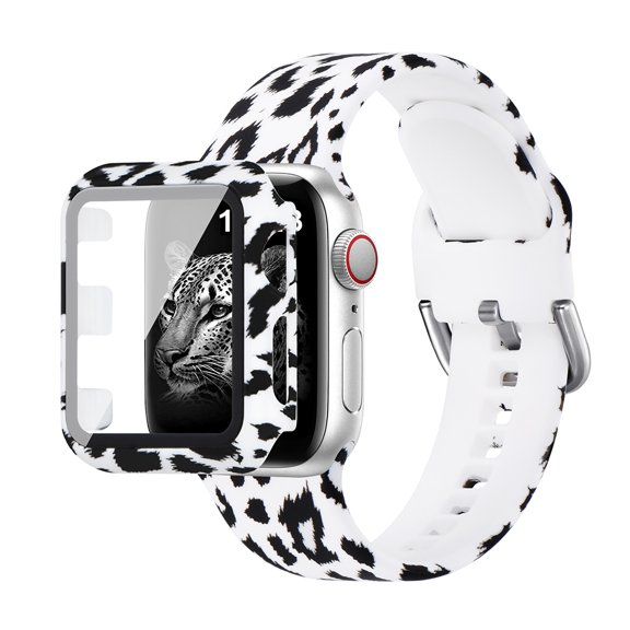 WFEAGL Silicone Sport Strap Apple Watch Bands with Case 40mm White Leopard Print